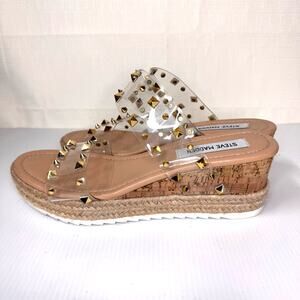 STEVE MADDEN Reemah Sandals Women's 8.5 Wedges Gold Studs Cork Jute‎ Edgy Summer